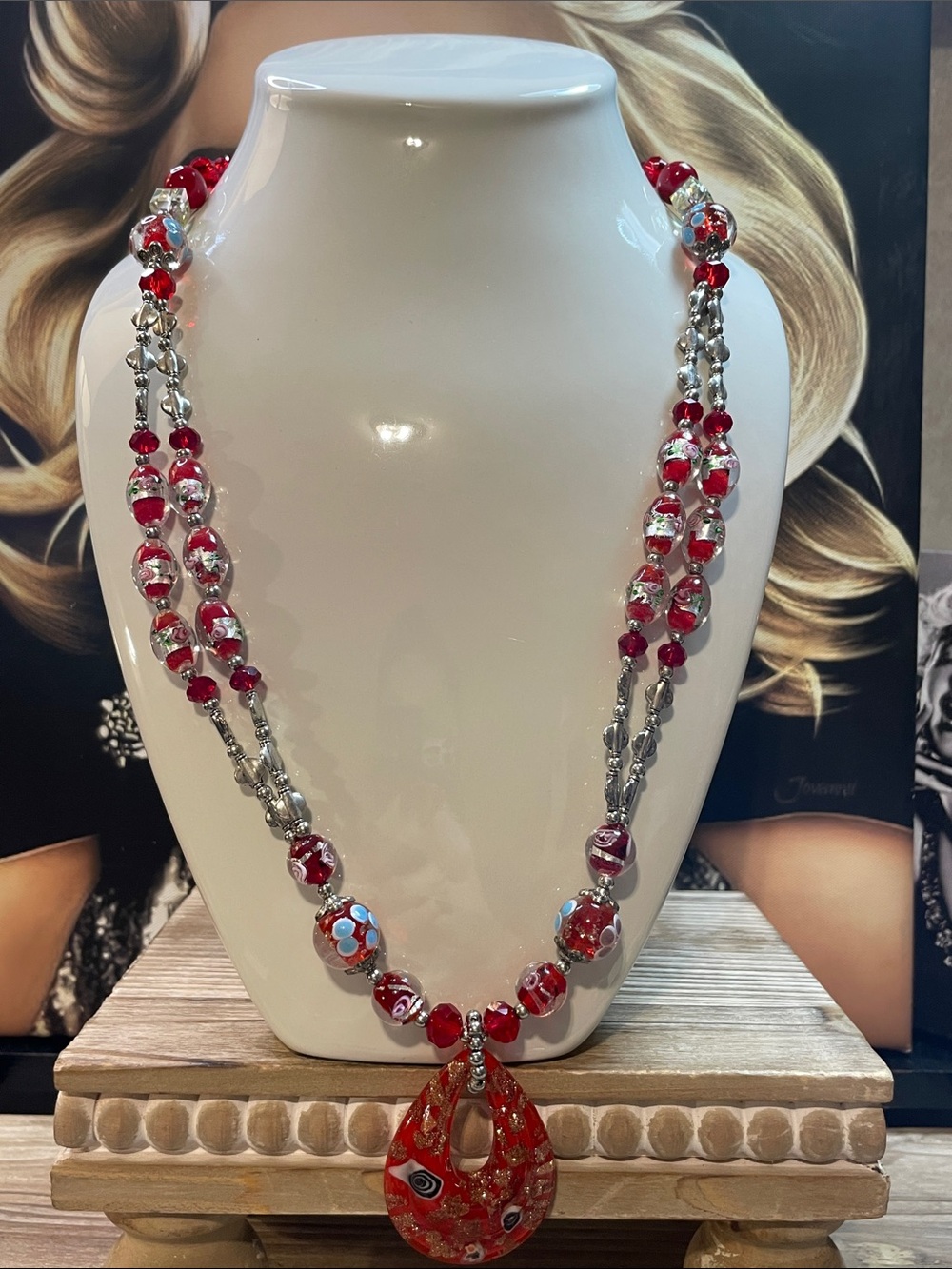 Red Glass Bead Pendant Necklace 28”